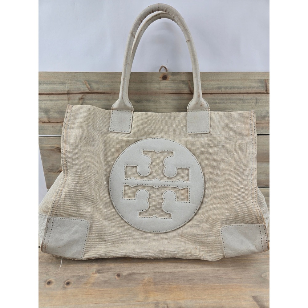 Tory Burch Ella Canvas Tote Bag Beige Cream Leather Trim Large Logo Shoulder Bag